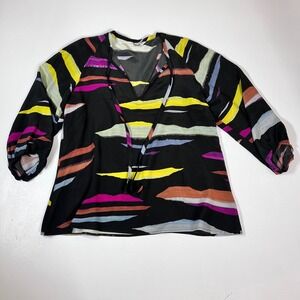 Tucker Silk Blouse M Black Multicolor Abstract Art to Wear Tie Neck